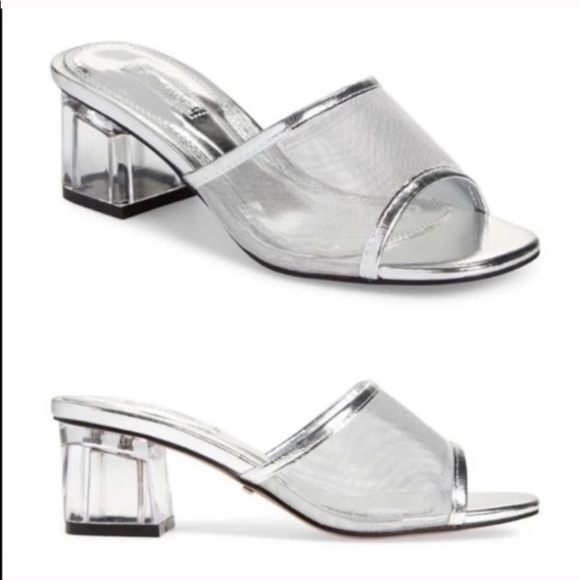 TopShop Silver Dusty Clear Block Heel Slides - Picture 1 of 6